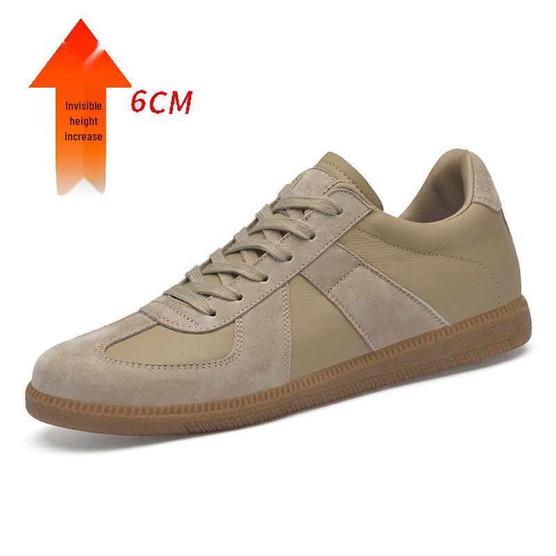 Men's German Cowhide Training Shoes: 8CM Height Boost, Lightweight, Comfortable, Casual Lace-Up with Soft Rubber Sole.