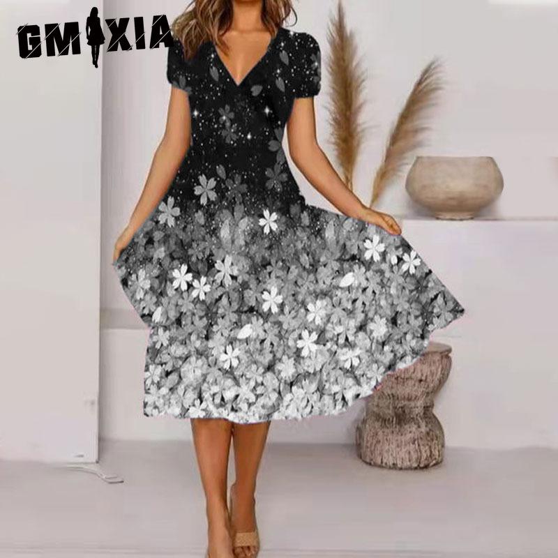 GMXIA Plus Size V Neck Midi Dress Short Sleeve High Hem Casual Colorful Floral Print Dress