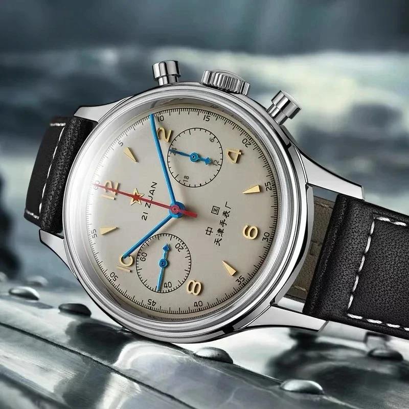 Reloj Mecánico Cronógrafo Piloto Retro para Hombre, 1963 Movimiento Seagull Carga Manual Reloj de Pulsera para Hombres