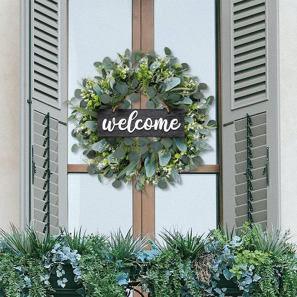 Dremisland Green Eucalyptus Wreath with Welcome Sign 22in Spring Summer Artificial Eucalyptus Wreath for Front Door Polytype Leaves Wreath for Wall