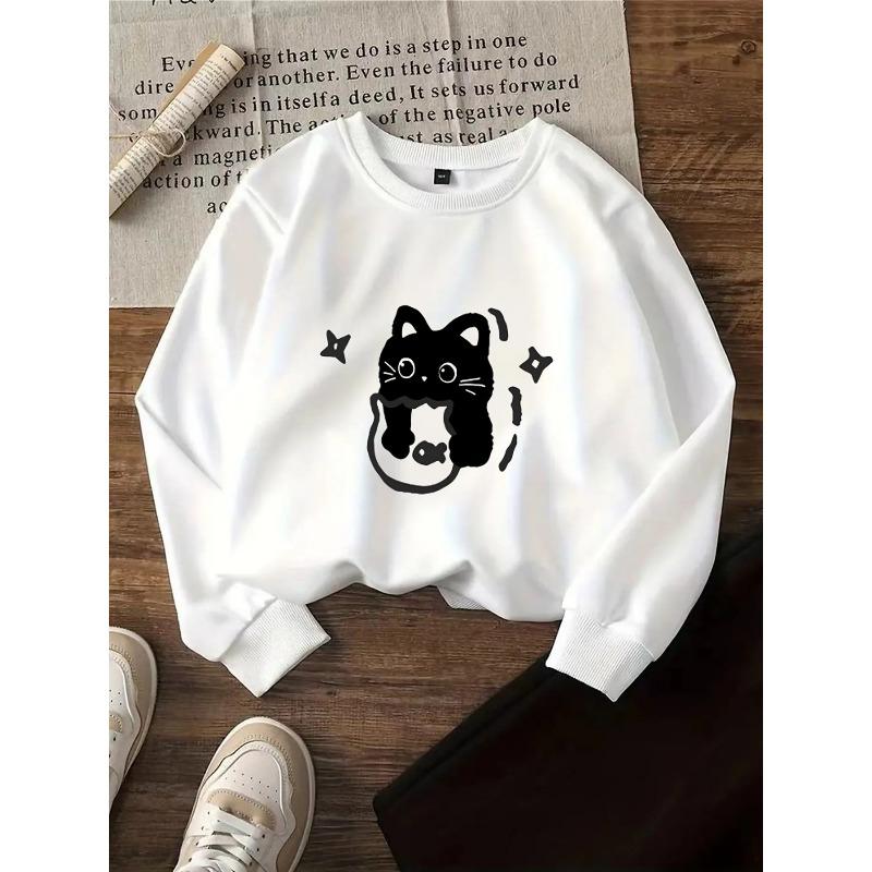 Kids Sweatshirt Round-neck Hoodie - Black Cat Holding Fish Silhouette Machine Washable, Spring And Autumn, Sportswear And Casual Wear