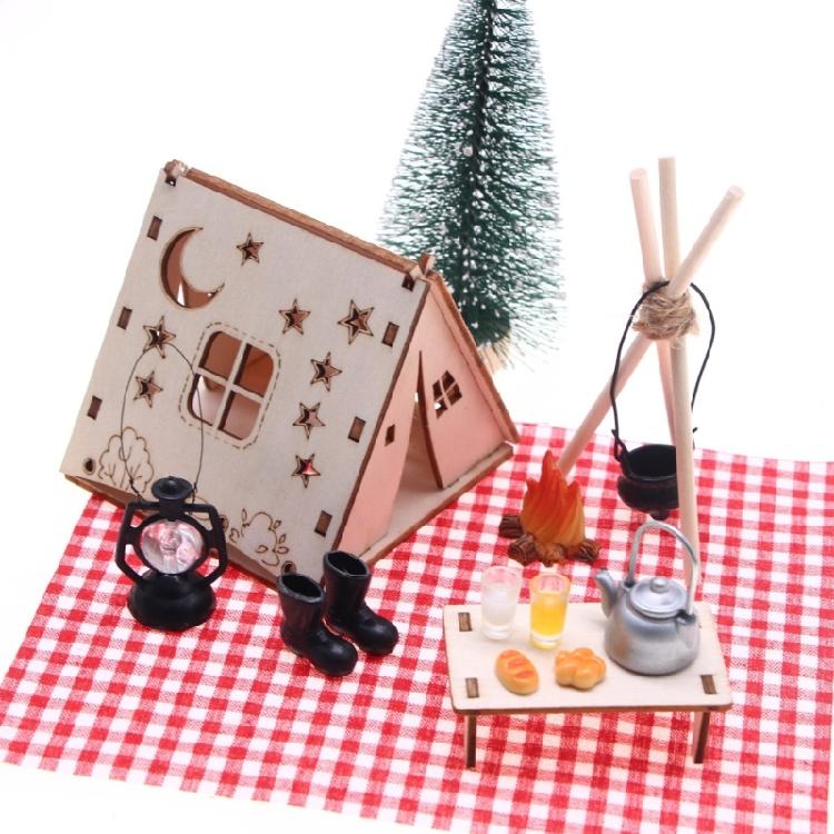 Unfinished Wooden Miniature Tent Craft Kits For Doll House Decoration Outdoor Camping Scene Creative Painting Project Toy