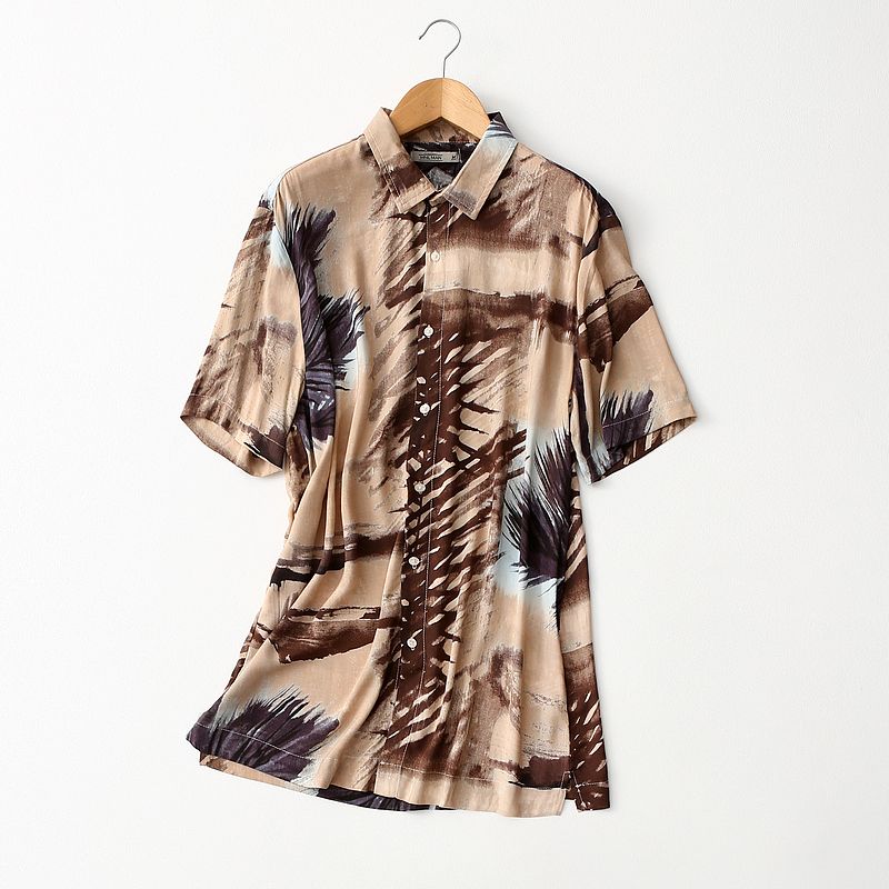 Foreign Trade Original Order Splash-Ink Printing and Dyeing Short-Sleeved Cotton Silk Shirt Women's Summer Thin Retro Print Loose Rayon Tops