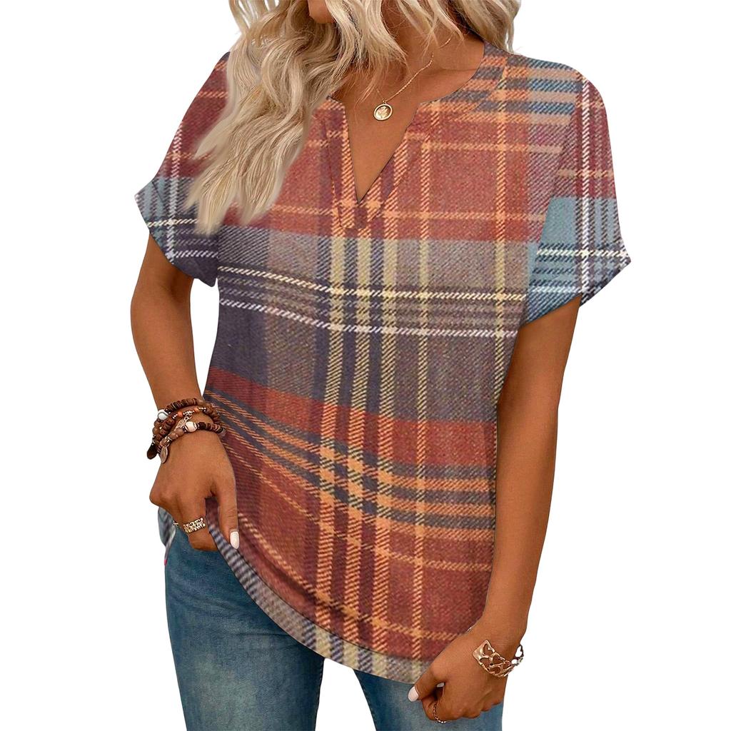 Stylish Women's Casual V-neck Short-sleeved Striped Plaid Print T-shirt