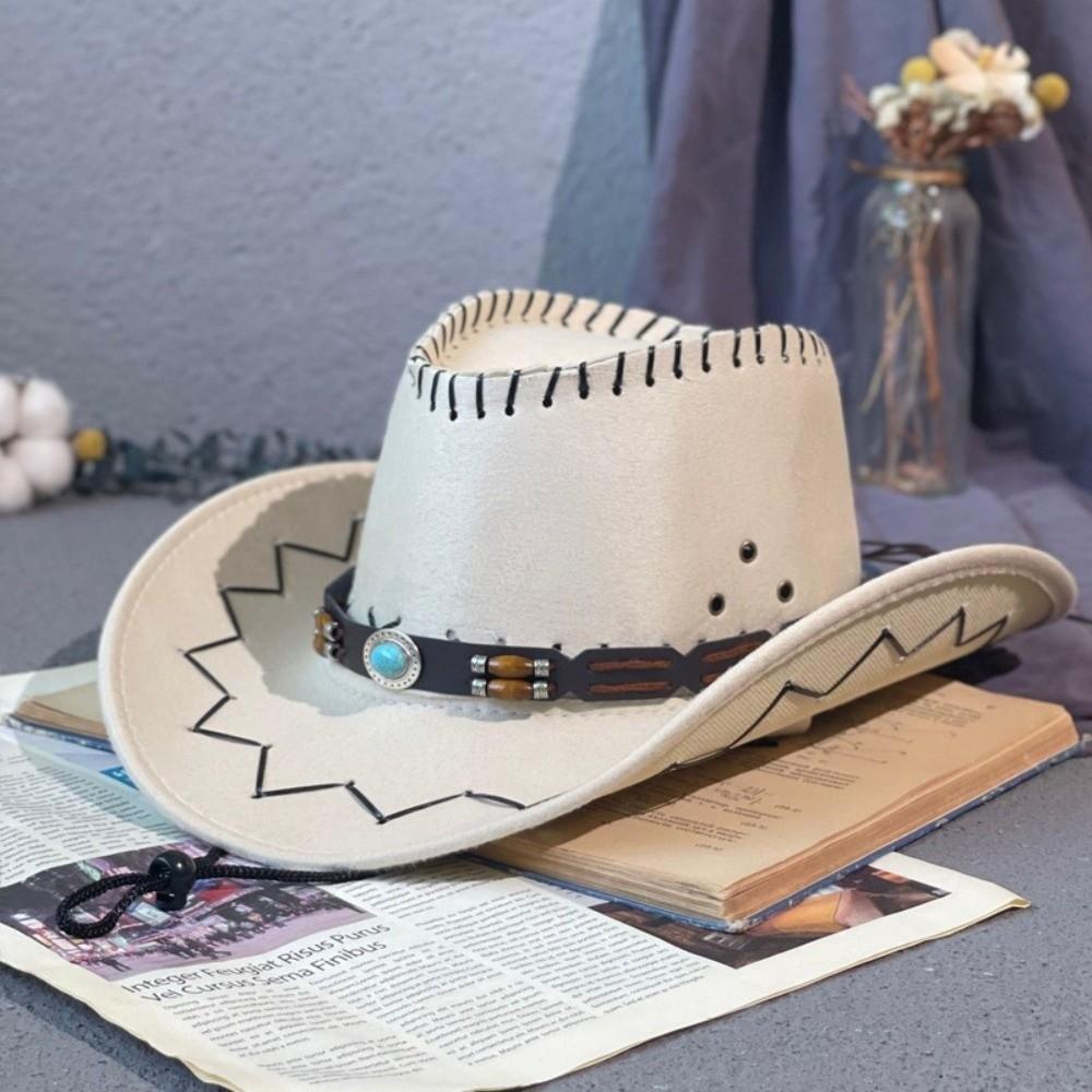 Wide Brim Fedora Hat Leather Belt Sun Hat Travel Western Cowboy Hat  Camping