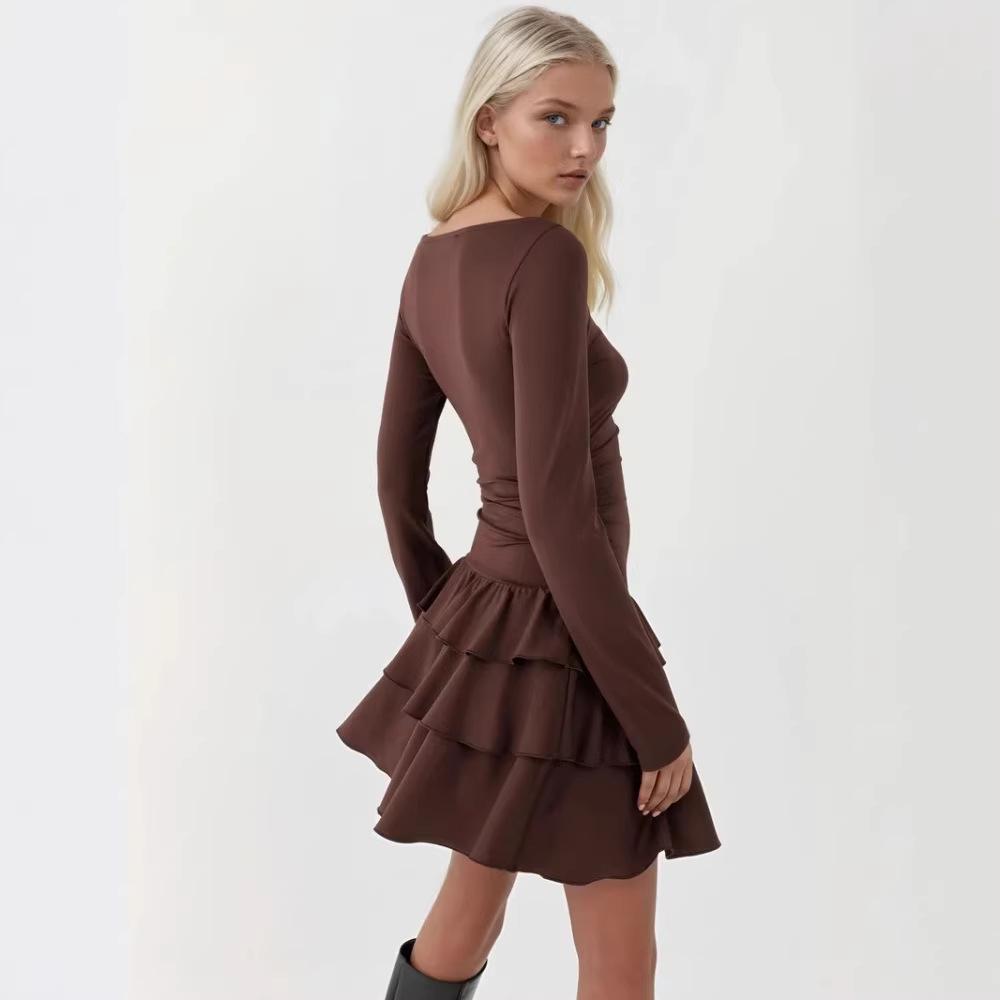 Vestido de Otoño Invierno para Mujer de Color Sólido, Ajuste Delgado, Manga Larga - Elegante y Favorecedor