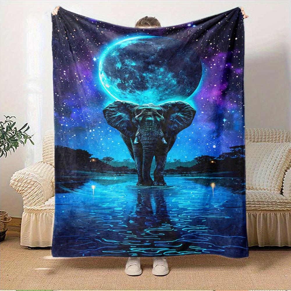 For Elephant,Moon,Night Sky Themed Flannel Blanket, Glam Style, Digital Print, All Season Comfort, ,for Cozy Plush Flannel Cover121