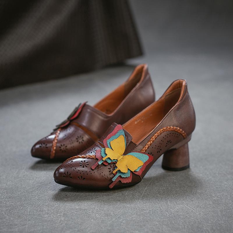 Johnature Retro High Heels Genuine Leather Shallow Commuter Versatile Women's Shoes