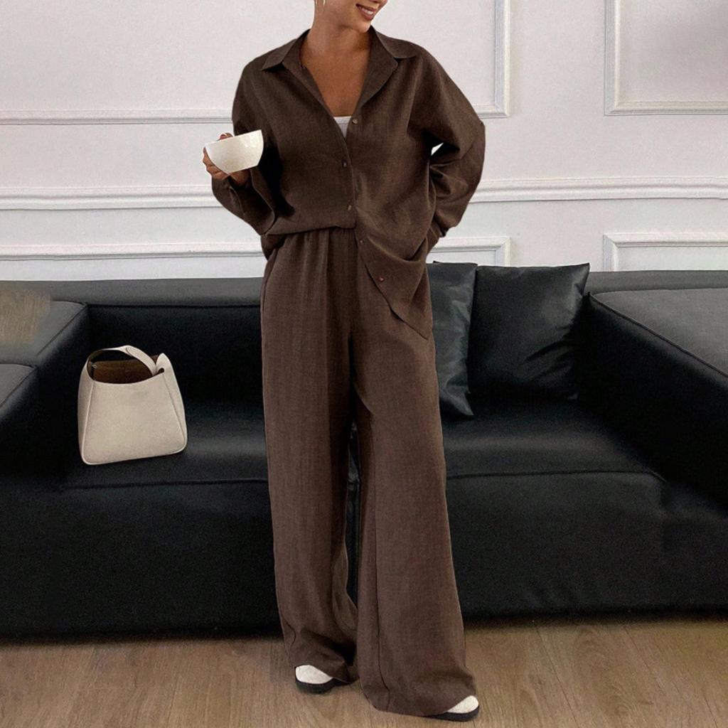 Damen Freizeitanzug Locker Baumwolle und Leinen Langarmhemd Hose Zweiteiliges Set