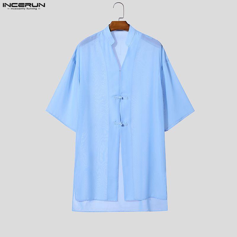 INCERUN Oversized Summer Men 3/4 Sleeve See Through Mesh Sheer Long Shirts Tops