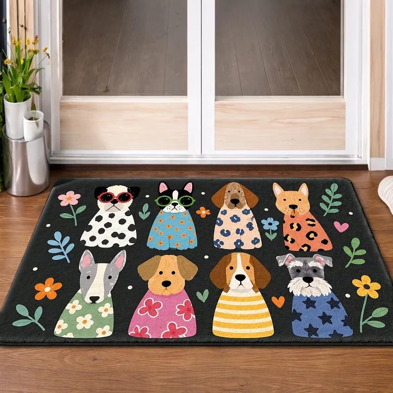 Cute Dogs Welcome Rug Floral Pattern Doormat Colorful Flowers Pet Entrance Carpet Bedroom Cloakroom Balcony Floor Decor Mat