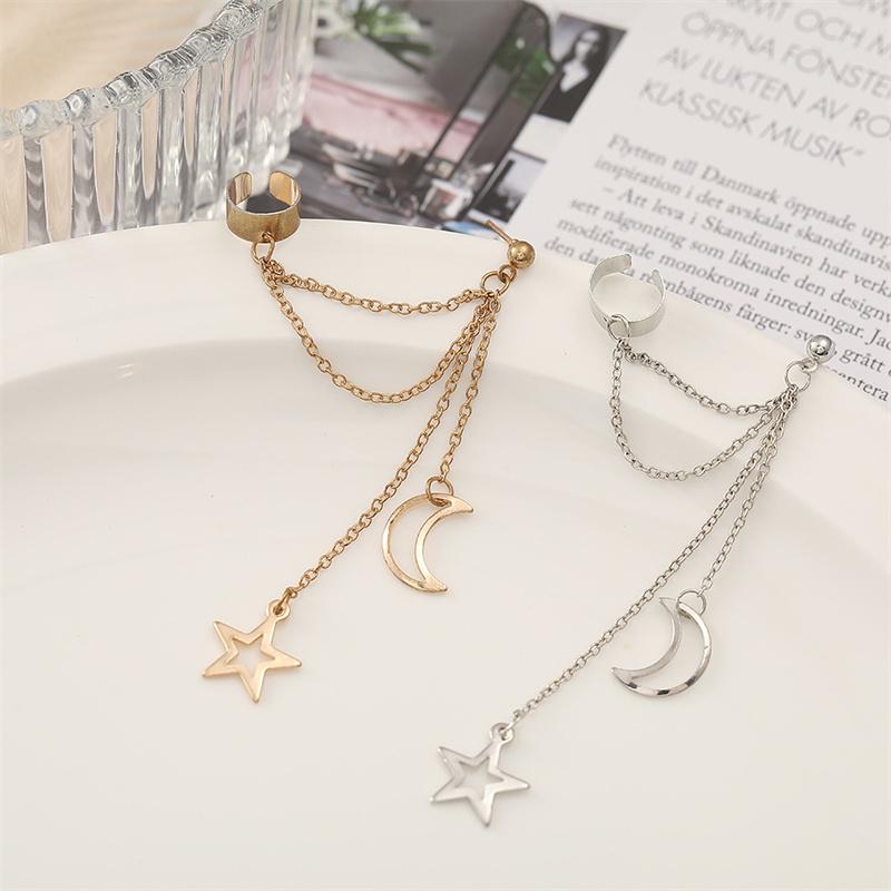 New Hiphop Clip Earrings for Women Star Moon Pendants Ear Cuff Punk Personality Gold Color Tassel Ear Clips Aretes De Mujer