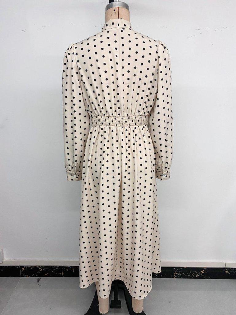 Herbst 2025 Retro Polka-Dot Midi-Kleid mit Schleifenkragen und langen Ärmeln