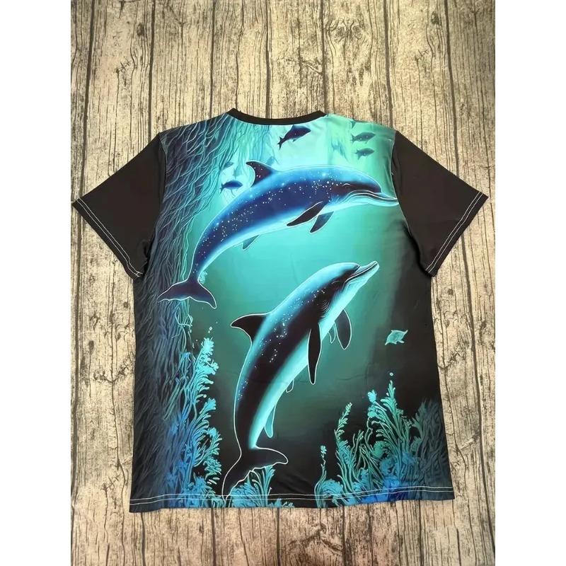 Casual Fashion Simple Abstract Painting Animal Sea Dolphin Breathable 3D Printed Round Neck Short Sleeve T-shirt Casual Sports Shirt