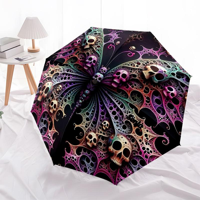 1pc Skull Butterfly Automatic Folding Umbrella, Lightweight Retractable Compact Travel Umbrella, 8-Rib Sturdy Frame039