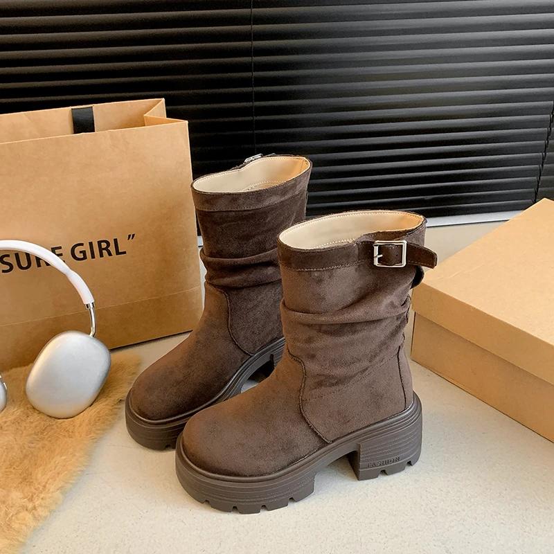 Platform High Heels Women Chelsea Ankle Boots Suede Shoes Winter 2025 Brand New Casual Chunky Shoes Retro Pumps Snow Botas Mujer