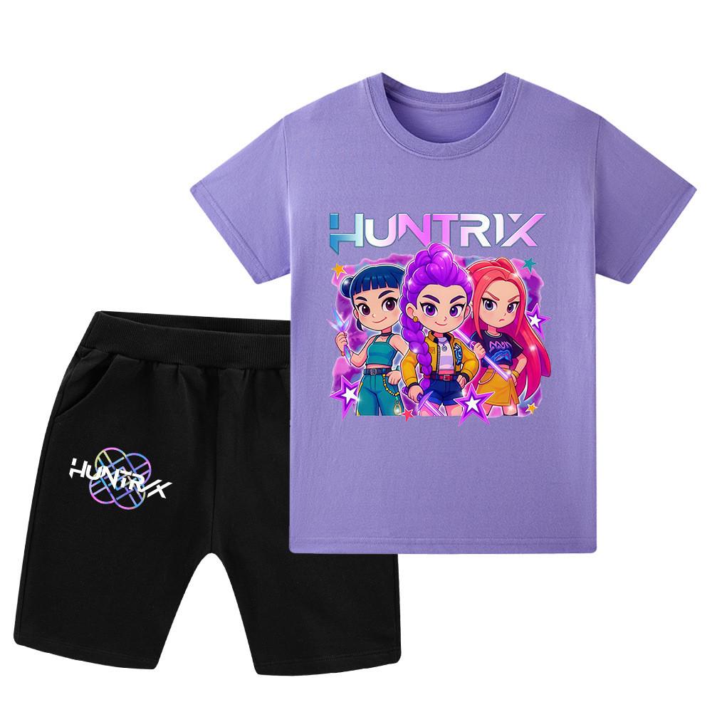 

WA1200 Kids Boys Girls Kpop Rumi Zoey Mira Print Short Sleeves T-shirt Shorts Pants Sets 160cm фіолетовий
