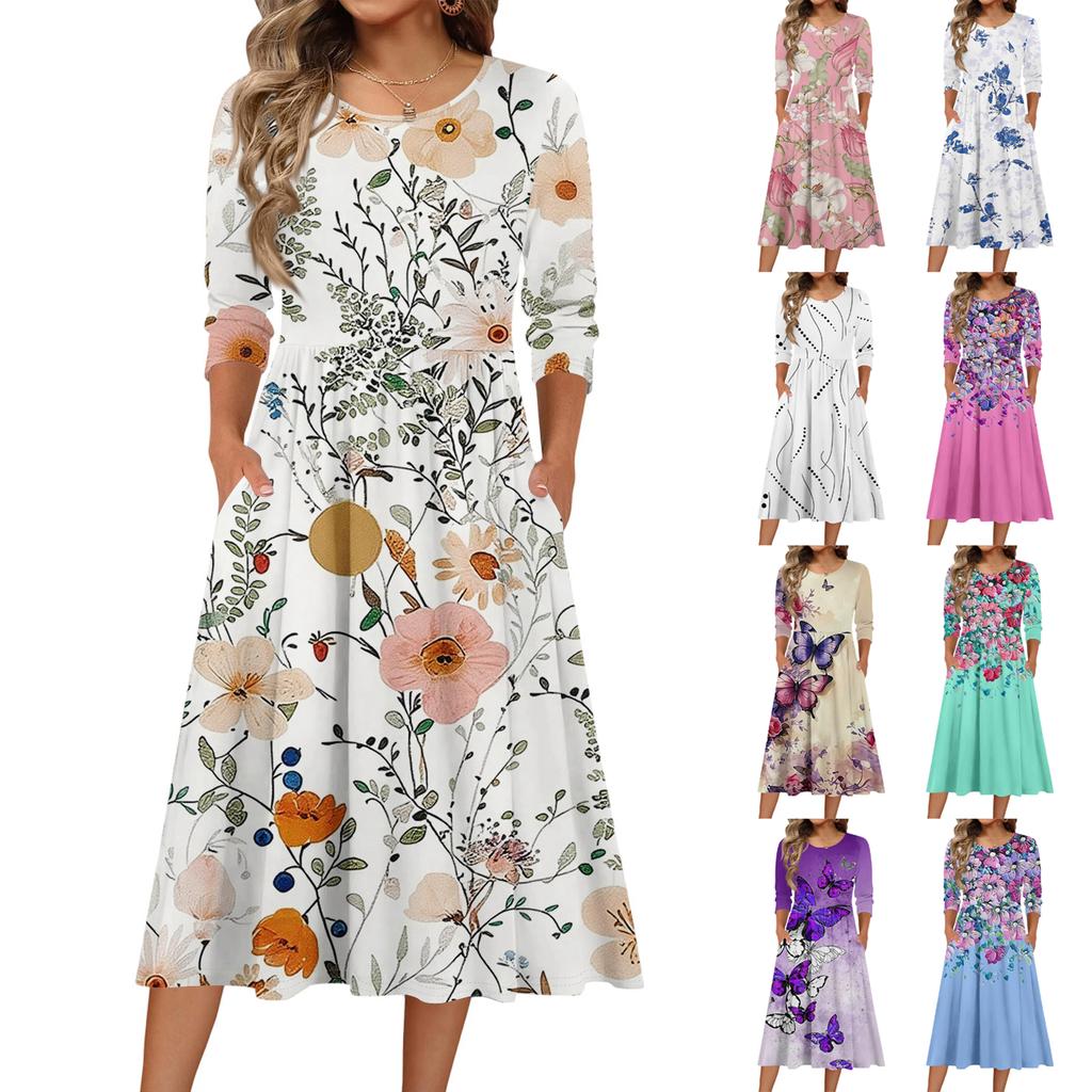 Rochie de damă cu mâneci 3/4, casual, fluidă, în A, midi, tip tricou, cu buzunare, cu gât rotund, pentru vacanță, boho, de plajă, de vară
