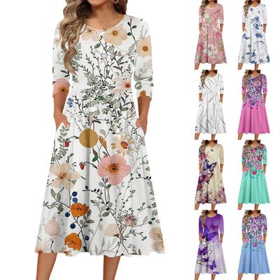 3/4 Kollu Kadın Elbisesi Günlük Dökümlü A Kesim Midi Tişört Elbiseler Cepli Bisiklet Yaka Tatil Boho Plaj Yazlık Elbise
