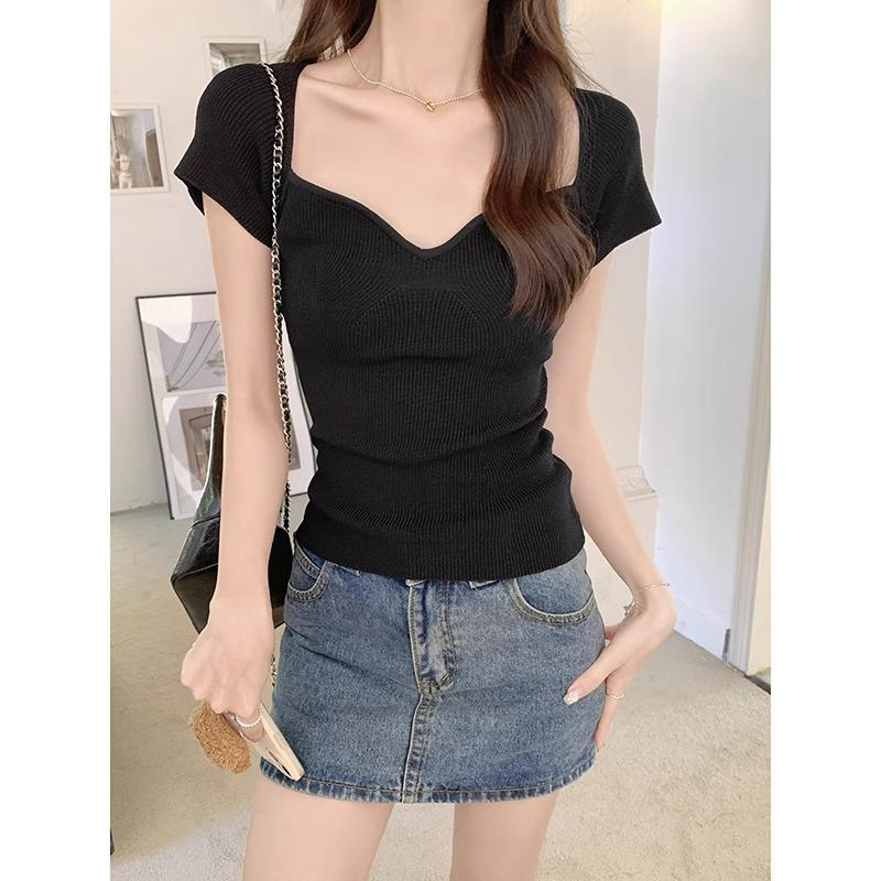 Sommer neuer Stil gestricktes dünnes Halbarm-T-Shirt rechte Schulter kurzärmeliges Oberteil V-Ausschnitt freiliegendes Schlüsselbein schlank machend minzgrün