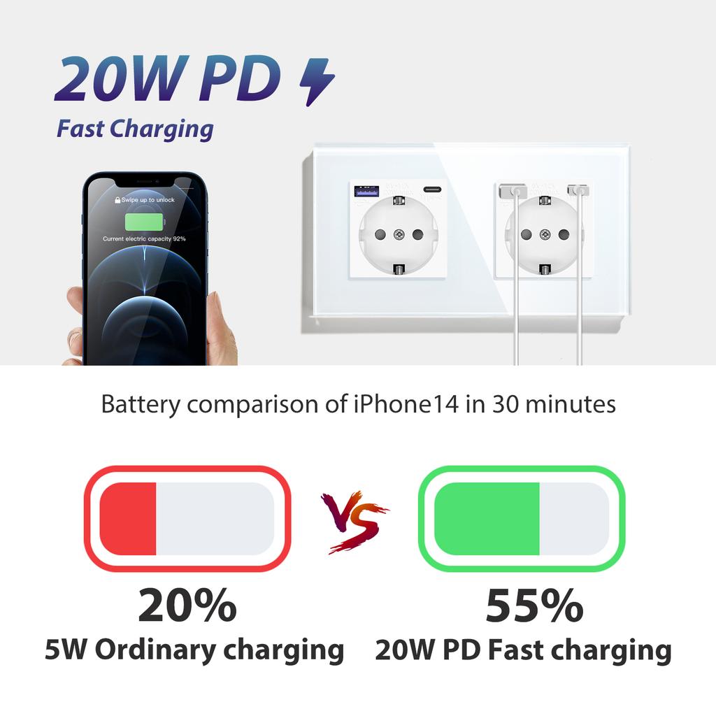 BSEED Double EU Wall Socket Type-c USB Power Sockets Android Apple Mobile Phone Charging Ports Glass Panel 16A