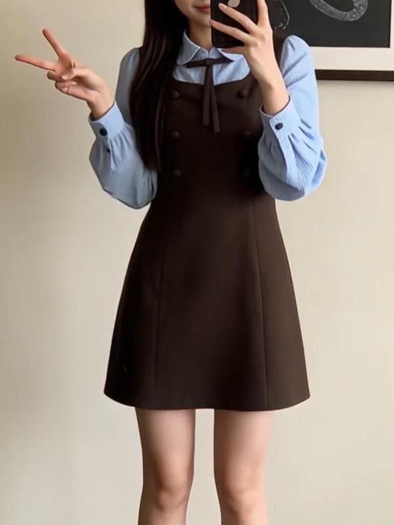 Women's Winter 2026 Korean Style Two-Piece Suspender Shirt Dress Set