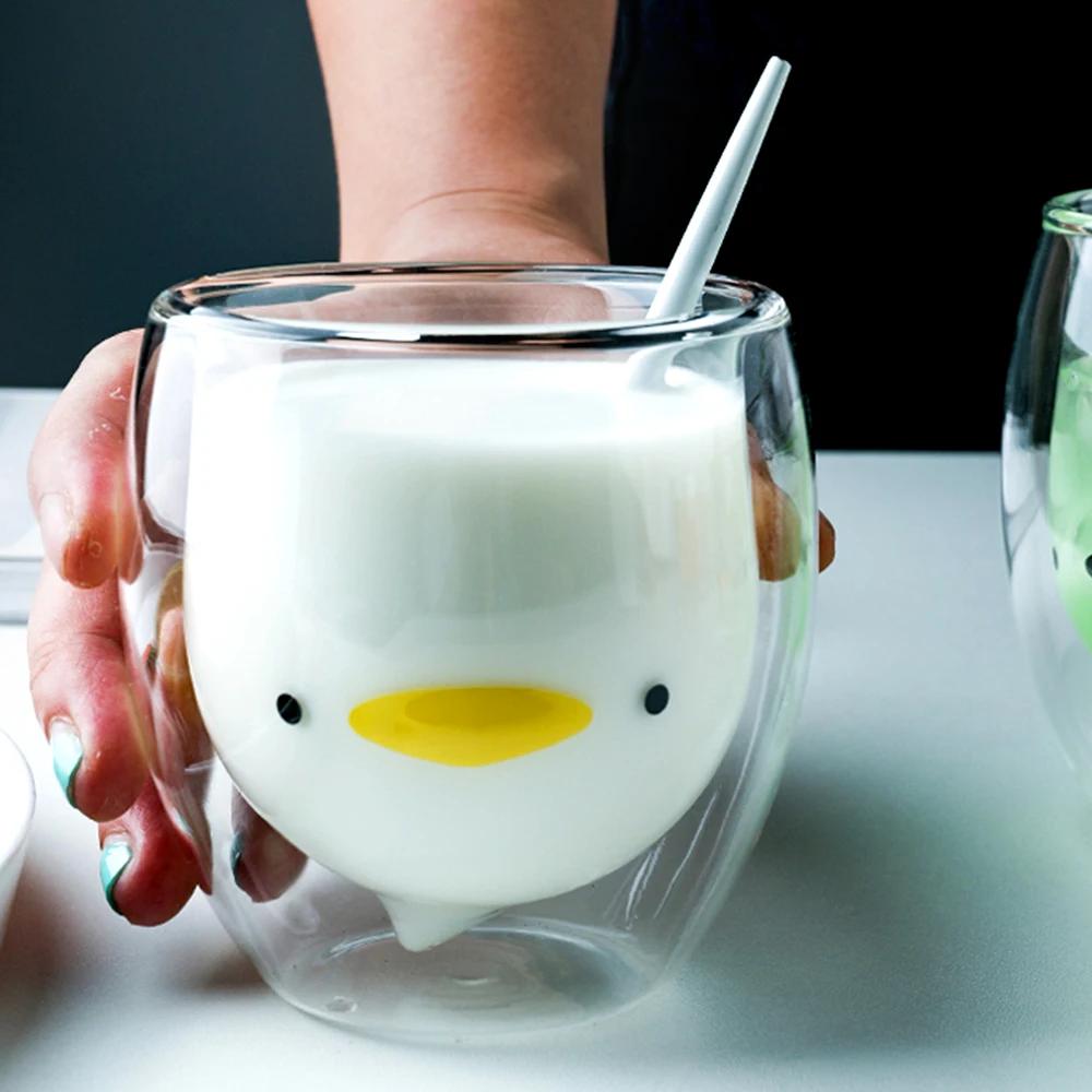 Double Glass Coffee Mug Coffee Cup Cartoon Cute Bear Cat Duck Glass Cup Anti-Scalding Breakfast Milk Lemon Juice Cups Drinkware