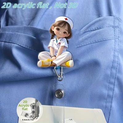 2D Flat Cute Nurse Girl Acrylic Badge Reel Retractable ID Holder Office Work Gift