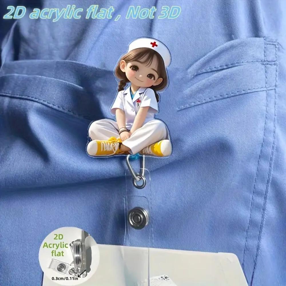 2D Flat Acrylic Cartoon Nurse & Doctor Card Holder, Retractable Badge Reel, Hospital ID Badge & Chest Pin for Doctors & Nurses