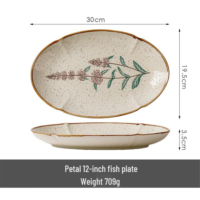 OIMG Vintage Underglaze Ceramic 12-inch Fish Plate - Ink Dye Floral