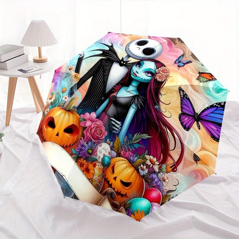 Jack Skellington,Sally Automatic Umbrella Tri fold Portable Umbrella, Best Holiday Gift for Men and Women, Durable Iron Frame, Playful Des