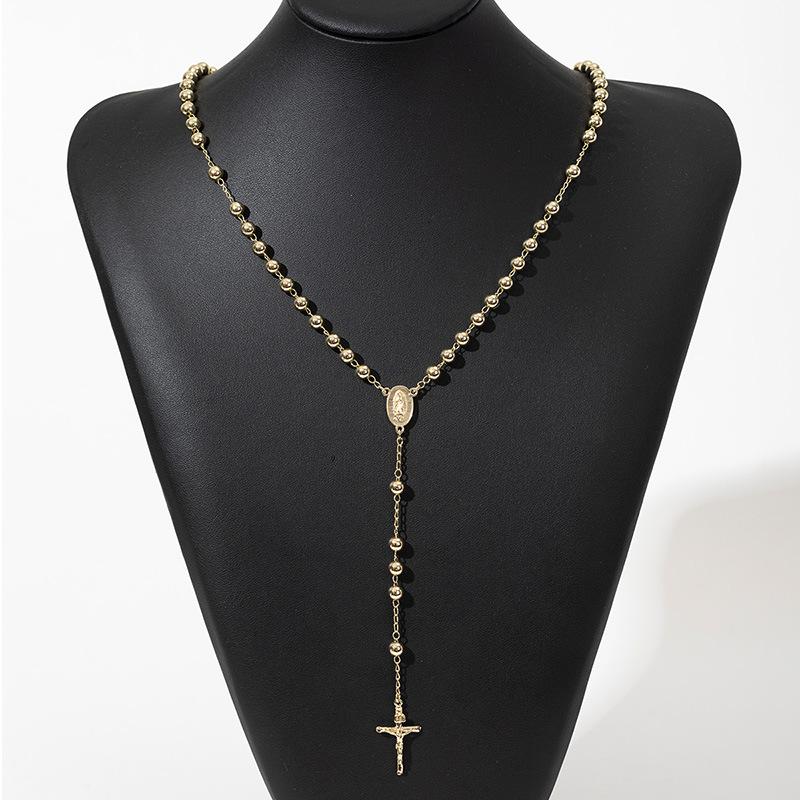 Bohemian Gold Color Round Bead Cross Pendant Necklace, Paired with Oval Engraved Portrait, Women's Retro Trendy Accessory Gift