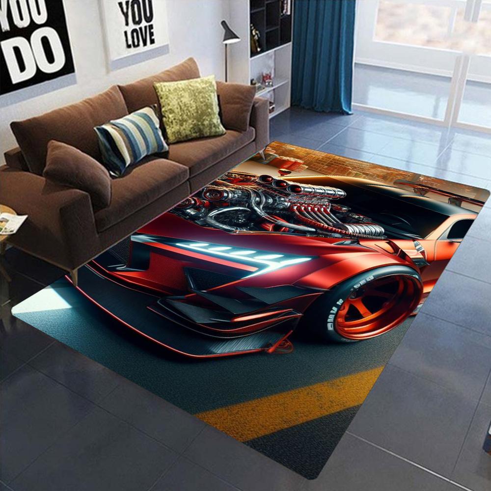 Sports Car Engine Detail Print Carpet Mat Anti-Slip Backing Rug Neon Style for Modern Home Decoration Car Enthusiast Studio