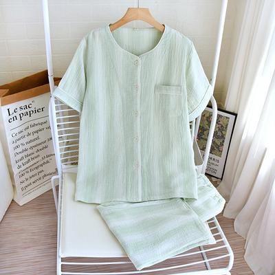 Summer New Couple Pajama Set 100% V-neck Men's and Women's Short Sleeves+Capris Two Piece Thin Cardigan Home Furnishing