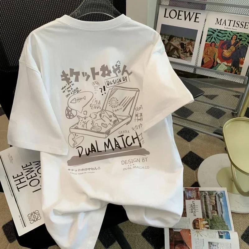 Kawaii Damen Cartoon T-Shirts Harajuku Katze Bedruckte Kurzarm Tees Paar Streetwear Lockere Kleidung Y2K Oberteile Damenbekleidung
