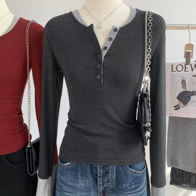 Stylish Contrast Color Faux Two-Piece Long-Sleeve Top for Women