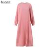 ZANZEA Women Casual Round Neck Solid Color Loose Long Sleeve Dress