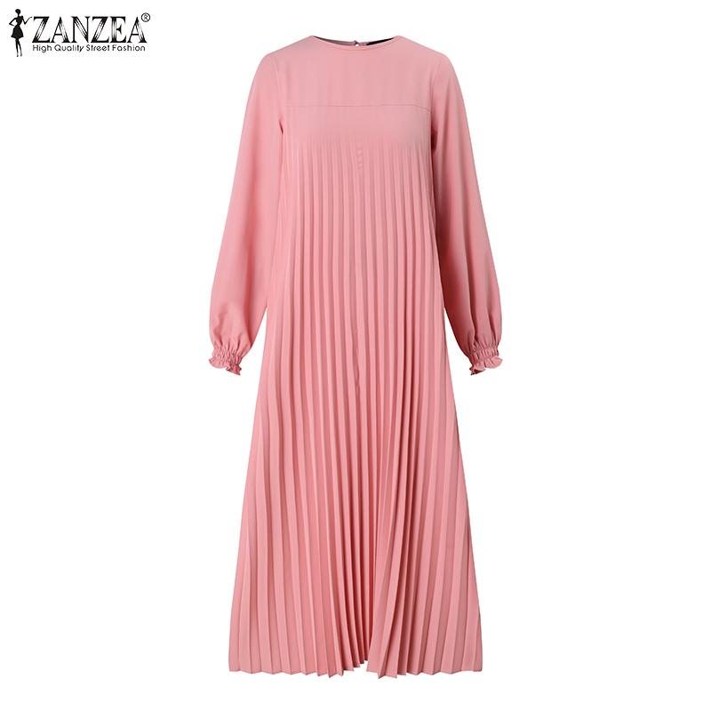 ZANZEA Women Casual Round Neck Solid Color Loose Long Sleeve Dress