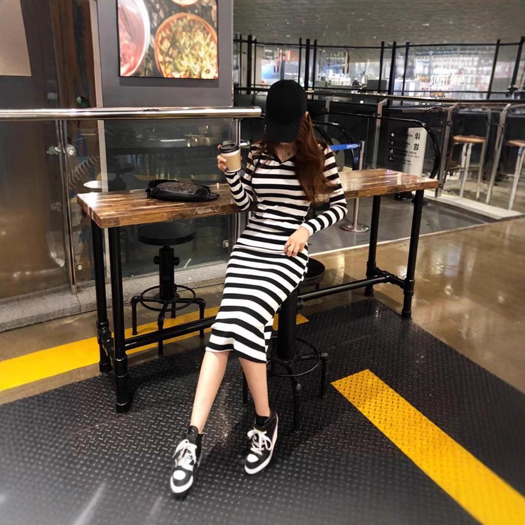 

2025 Slim Fit Black & White Striped Hooded Sweatshirt Dress - Knee-Length Small
