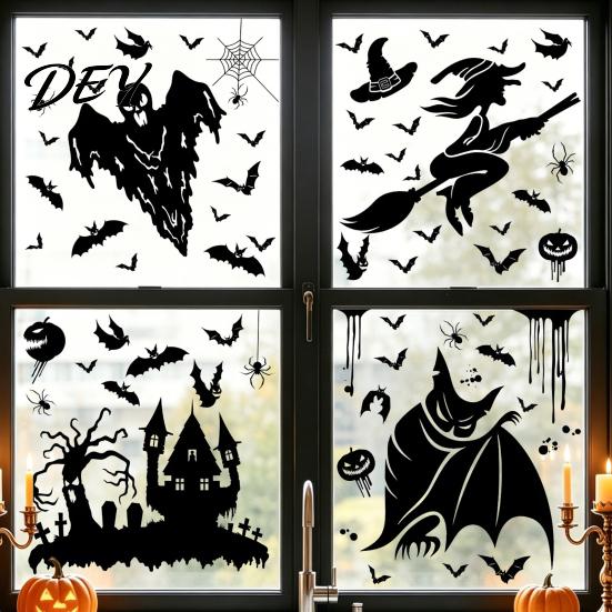 Spooky Party Decorations Halloween Static Sticker, with Witch/Ghost/Castle/Bat Horror Silhouette Patterns, Durable PVC Bat And Pumpkin Decals