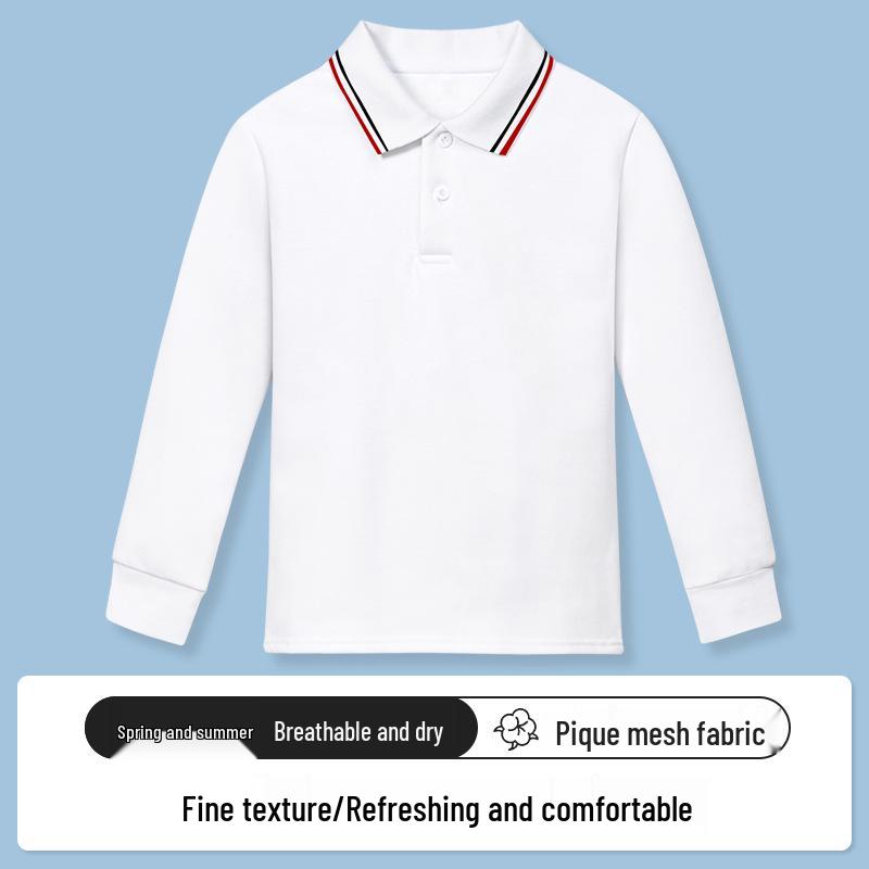 Children's White Cotton Polo Shirt with Striped Collar - Long Sleeve School Uniform for Boys and Girls