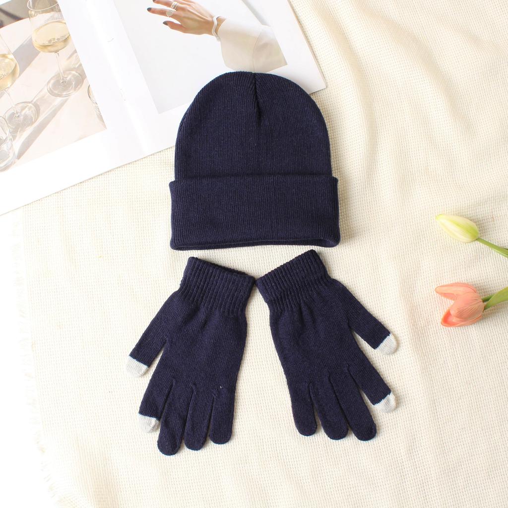 Knitted hat and glove combination set, versatile and fashionable woolen hat, autumn and winter warm pullover hat