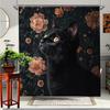 1pc Elegant Black Cat Floral Shower Curtain - Botanical Forest Design with Vibrant Orange Pink Flowers, Polyester Fabric Bathroo