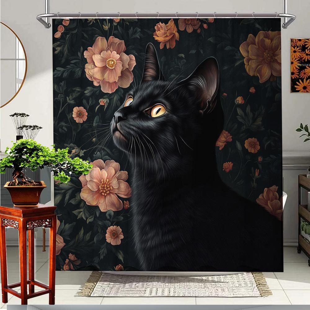 

1pc Elegant Black Cat Floral Shower Curtain - Botanical Forest Design with Vibrant Orange Pink Flowers, Polyester Fabric Bathroo 90x180cm