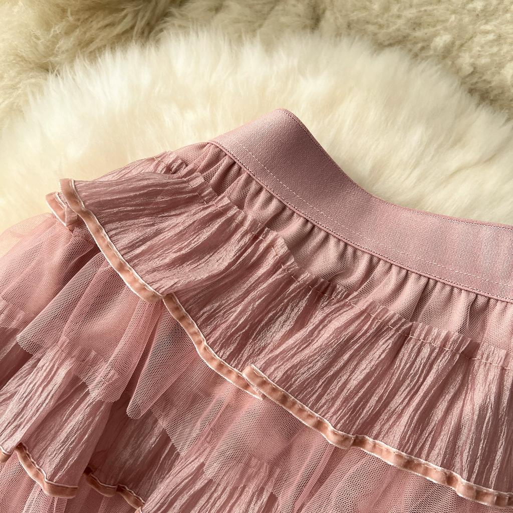 Summer Women Elegant Ruffles Mesh Tulle Cake Long Maxi Skirt