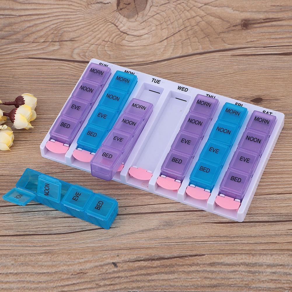 7 Days 4 Times a Day 28 Compartments Pill Box Medicine Organizer with Push Button (Blue Purple)