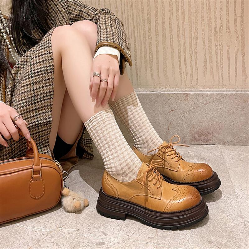 Fashion New Spring Autumn Genuine Leather Women Pumps Shoes for Women Round Toe Brogue Designs Loafers High Heels Lace Platform Shoes