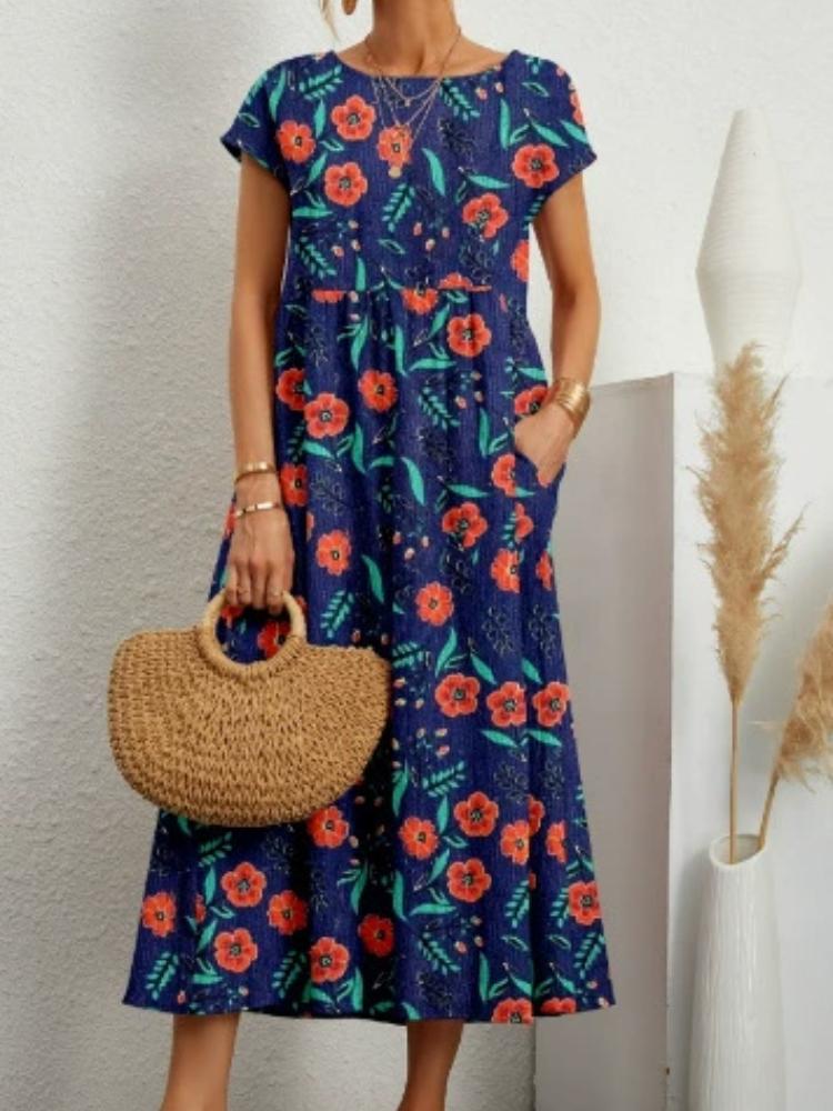 New Fashion Women's Loose Cotton and Linen Sleeveless Crew Neck Print Summer Dress