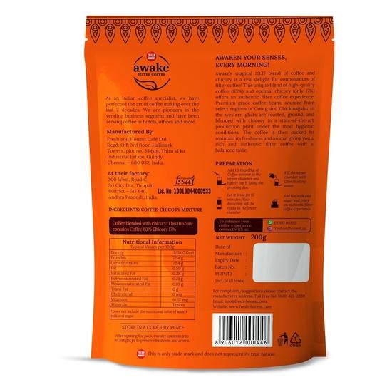 FRESH & HONEST Awake Filter Coffee Powder | Blend of Coffee 83% Chicory 17%| South Indian Filter Coffee | 200g Pack | Pack of 2