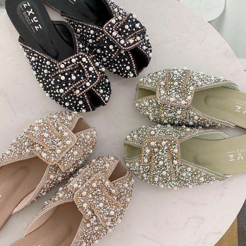 Fashion Glitter Elegant Mules Shoes for Women Sandals Fashion Heeled Rhinestone Sequin Slippers Summer New 2024 Flat Slipper Comfortable